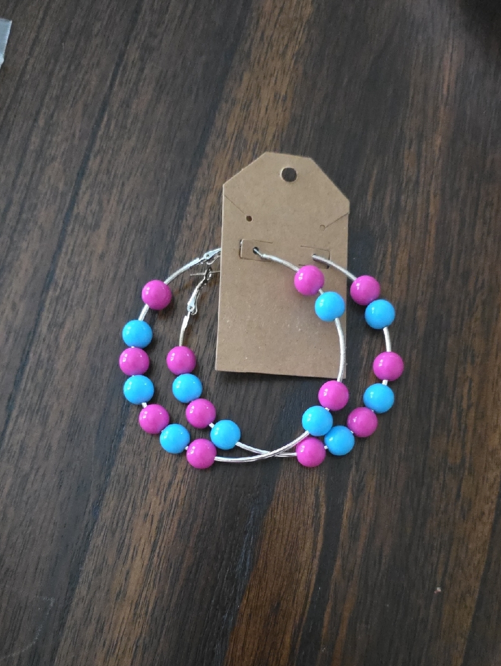 Bright Pink and Blue Beaded Hoop Earrings